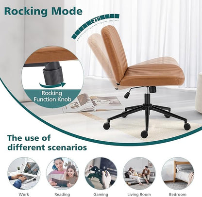 OLIXIS Criss Cross Chair with Wheels Wide Cross Legged Office Desk Vanity Chair Comfy Fabric Armless Adjustable Swivel for Home Computer Task PU Brown