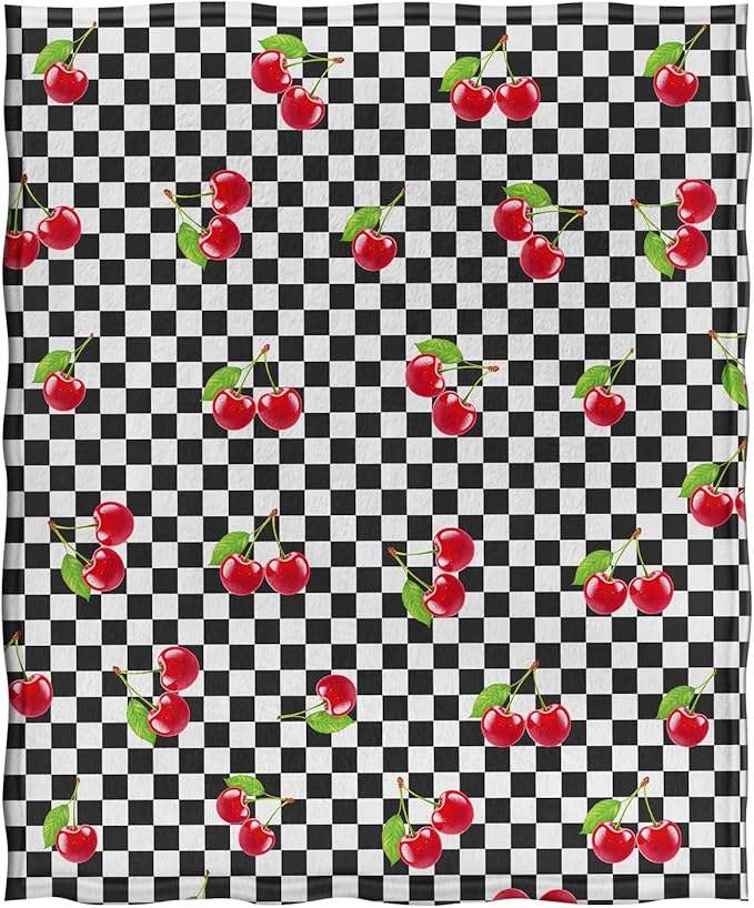 Jekeno Cherry Fruit Blanket Gifts for Women Kids Girls Boys Mom Wife Men Birthday Christmas Halloween Easter Presents Home Bedroom Living Room Bed Sofa Decor Black White Checkered Plush Throw 60"x80"