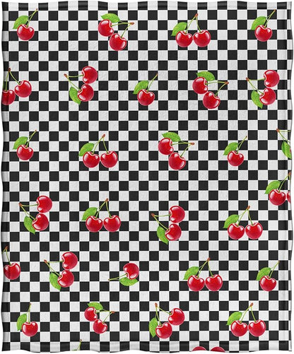 Jekeno Cherry Fruit Blanket Gifts for Women Kids Girls Boys Mom Wife Men Birthday Christmas Halloween Easter Presents Home Bedroom Living Room Bed Sofa Decor Black White Checkered Plush Throw 60"x80"