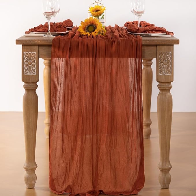 Terracotta Cheesecloth Table Runner Burnt Orange Christmas Table Runner 120 Inches Rust Cheese Cloth Table Decor for Xmas Holiday Season Parties Wedding Bridal Baby Shower Party
