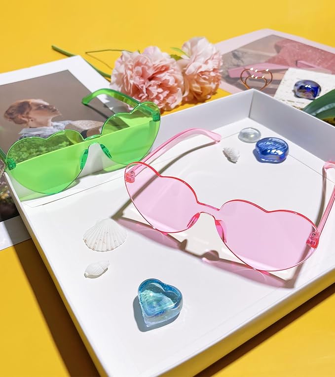 SUNOVELTIES 48 Pcs Heart Shaped Rimless Sunglasses Bulk Light Candy Color Frameless Glasses Colorful Party Eyewear for Women