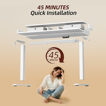 TIQLAB Standing Desk with Two Drawers, Stand Up Standing Desk Adjustable Height, Electric Sit Stand Table with Storage Shelf and Splice Board, 63 * 24 inch, White