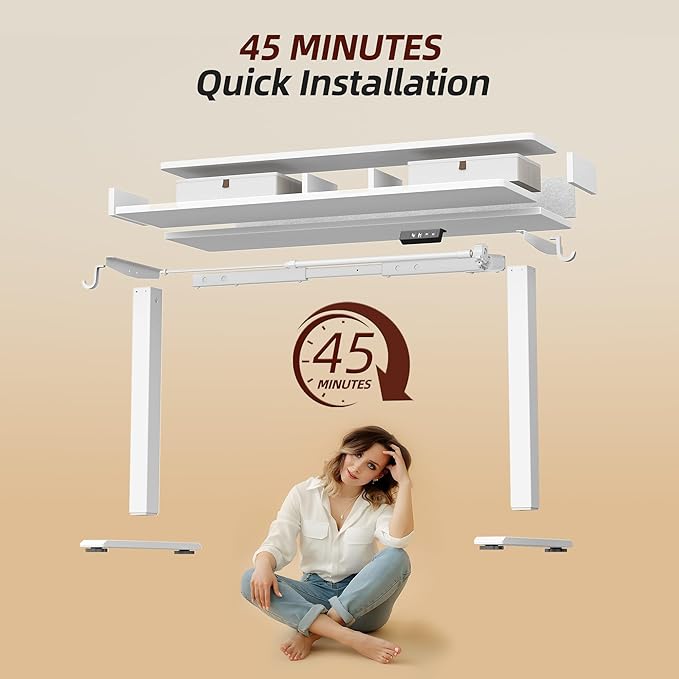 TIQLAB Standing Desk with Two Drawers, Stand Up Standing Desk Adjustable Height, Electric Sit Stand Table with Storage Shelf and Splice Board, 55 * 24 inch, White