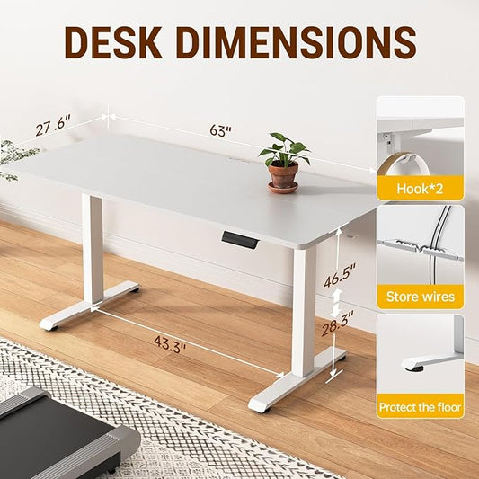 Veken 63x27.6 Inch Large Electric Standing Desk, Heights Adjustable,Sit to Stand Up, Work Home Office Computer Table for Walking Pad, Gifts for Dad, Wooden Desktop Desks, White