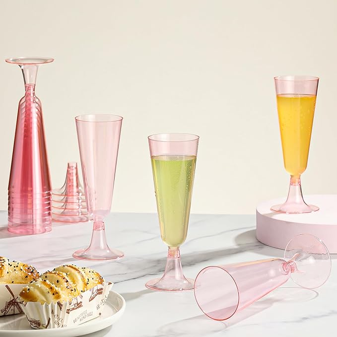 SUREHOME Pink Champagne Flutes Plastic Champagne Glasses Disposable Mimosa Glasses 40 Pack 5 Oz Acrylic Stemware Cocktail Cups Bulk for Valentines Wedding Toasting Engagement Party Supplies
