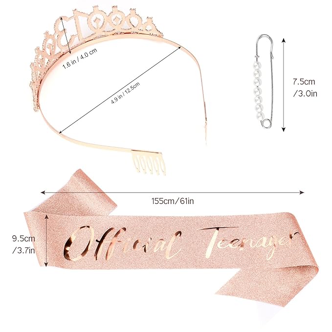 CIEHER 13th Birthday Crown & Sash Set, Rose Gold Tiara, Teen Gifts