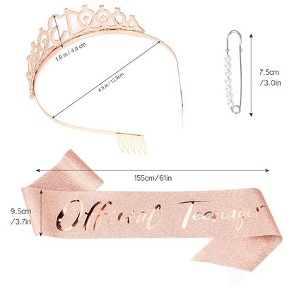 CIEHER 13th Birthday Crown & Sash Set, Rose Gold Tiara, Teen Gifts