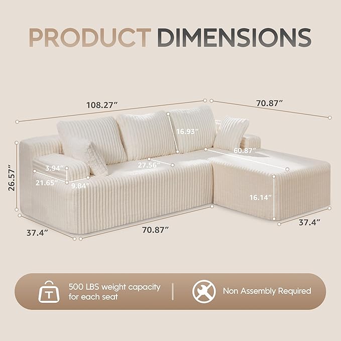 Hobestluk Modular Sectional Sofa Couches L-Shape Couch 3 Seat Modular Sofa Memory Foam Sectional Couches for Living Room, Cloud Couch with Oversized Chaise (108" Right Facing Chaise)