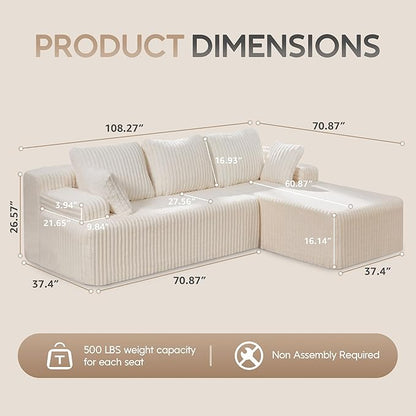 Hobestluk Modular Sectional Sofa Couches L-Shape Couch 3 Seat Modular Sofa Memory Foam Sectional Couches for Living Room, Cloud Couch with Oversized Chaise (108" Right Facing Chaise)