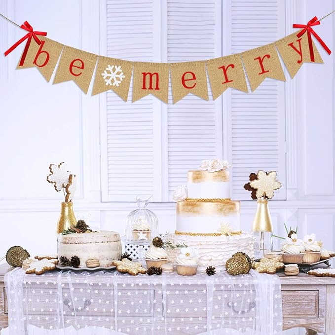 Be Merry Burlap Banner | Christmas Banner with Snowflake Sign | Christmas Decoration | Rustic Christmas Decor for Mantle Fireplace Xmas Party Holiday Supplies Decoration | Outdoor Indoor Hanging Decor