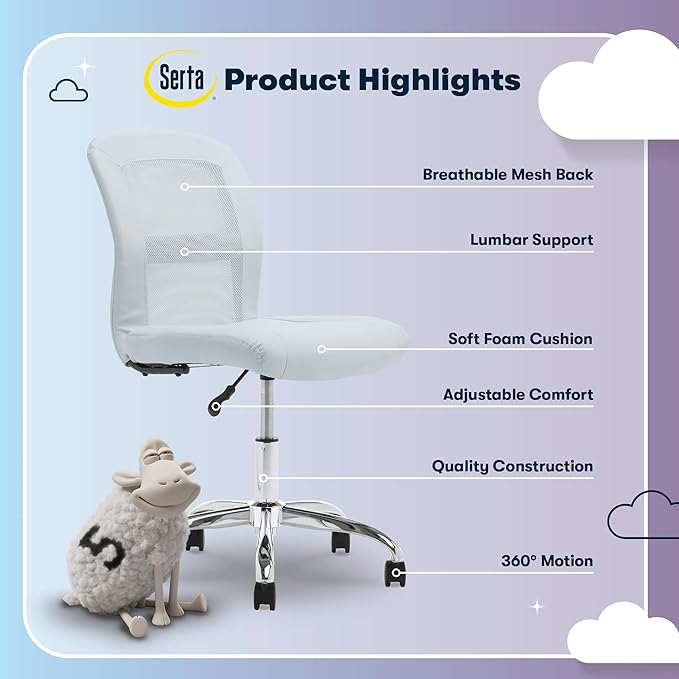 Serta Essential Armless TaskChair, Small Desk Chairs with Wheels, Breathable Mesh Back and Faux Leather, Quality Foam Cushion Seat for Comfort, Minimal Design for Vanity Table, Sky Blue