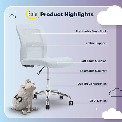 Serta Essential Armless TaskChair, Small Desk Chairs with Wheels, Breathable Mesh Back and Faux Leather, Quality Foam Cushion Seat for Comfort, Minimal Design for Vanity Table, Sky Blue