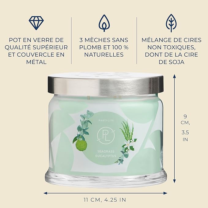 PartyLite Sea Grass Eucalyptus Scented, Notes of Eucalyptus, Lemon, Seagrass & Driftwood, 13.2oz 3-Wick Jar Candle, 45 Hour Burn Time, Luxurious Fragrance, Ideal for Gifting
