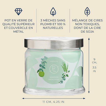 PartyLite Sea Grass Eucalyptus Scented, Notes of Eucalyptus, Lemon, Seagrass & Driftwood, 13.2oz 3-Wick Jar Candle, 45 Hour Burn Time, Luxurious Fragrance, Ideal for Gifting