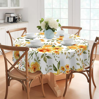Eikione Summer Leaf Round Tablecloth 70inch,Tablecloth Waterproof and Wrinkle-Free, Red Flower Rustic Table Covers, Summer Decorations for Home