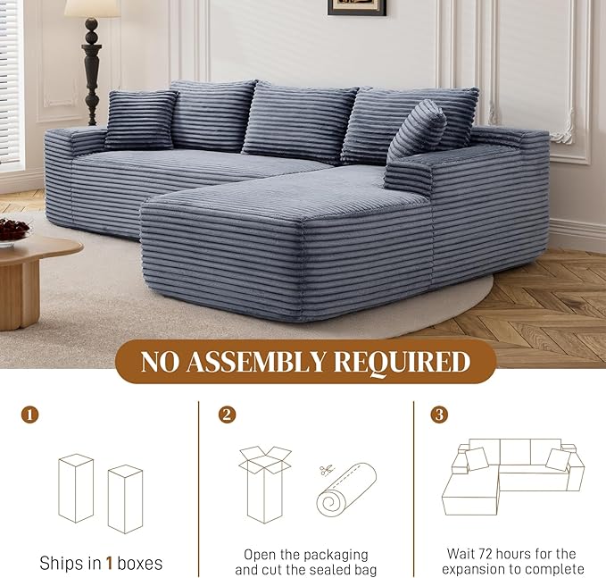 95" L Shaped Boneless Sectional Couches, Wide Armrest, Deep Seat, Memory Foam, Assembly Free, Modern Comfy Corduroy Fluffy Cloud Sofa with Right Chaise for Living Room, Small Spaces, Grey