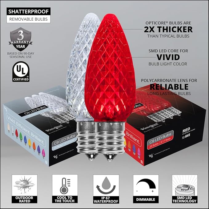 Wintergreen Lighting 50 C9 OptiCore LED Commercial Outdoor Christmas Lights – Heavy Duty Christmas String Lights; Green Wire (50 ft, Red/Cool White)
