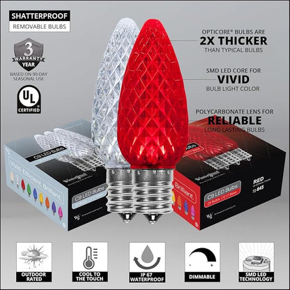 Wintergreen Lighting 50 C9 OptiCore LED Commercial Outdoor Christmas Lights – Heavy Duty Christmas String Lights; Green Wire (50 ft, Red/Cool White)