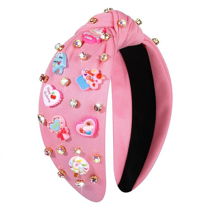 Knotted Headband for Women Lollipop Birthday Cake Crystal Jeweled Embellished Top Knot Hairband Statement Wide Turban Hair Hoop Funny Gifts for Girls Sister Birthday Xmas Holiday Party