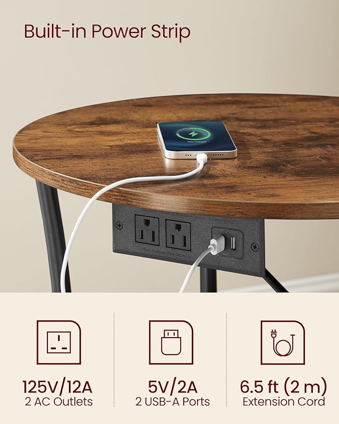 VASAGLE 21.7-Inch Round Side Table, 2-Tier End Table with Power Outlets, Nightstand with Steel Frame, Spacious Top, for Small Spaces, Living Room, Bedroom, Rustic Brown and Ink Black ULET077K01