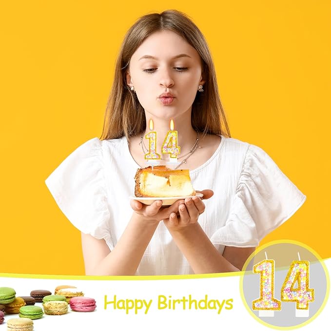 14th Birthday Candle for Cake, Colorful Macaron Numeral Candles for Girls/Boys, Birthday Party Cake Decorations, Golden Cake Topper for Birthday Party Supplies (Number 14)