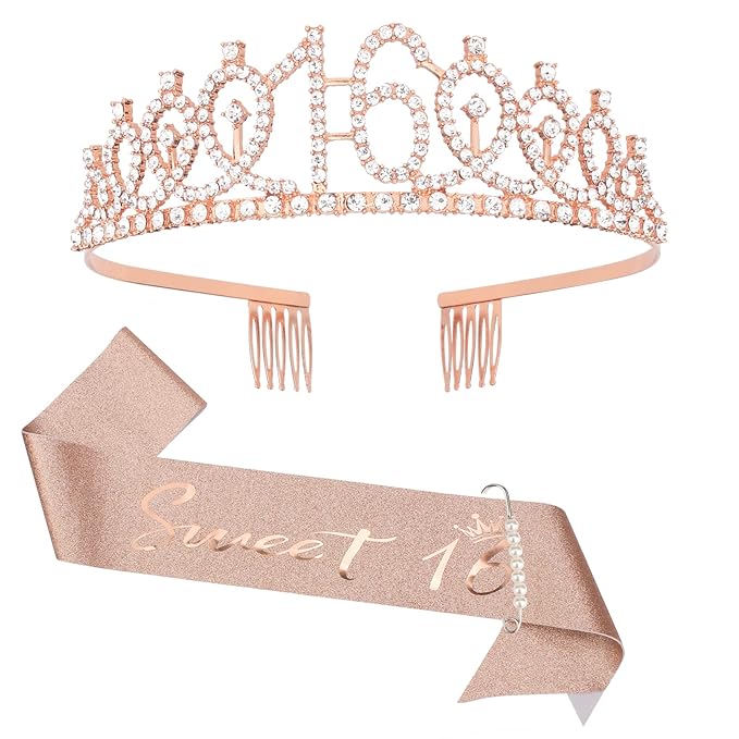 CIEHER 16th Birthday Crown & Sweet 16 Sash & Pearl Pin Set, Birthday Tiara and Crown for Girls, Birthday Girl Sash, Sweet 16 Birthday Decorations for Girls, Sweet Sixteen Gifts
