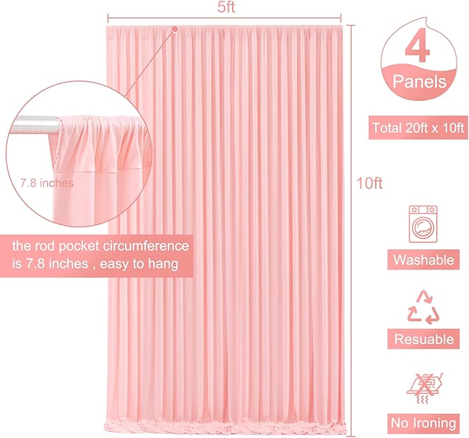 4 Panels Blush Pink Backdrop Curtain for Parties Baby Shower Wrinkle Free Pink Photo Curtains Backdrop Drapes Fabric Decoration for Wedding Birthday Party 20ft(W) x 10ft(H)