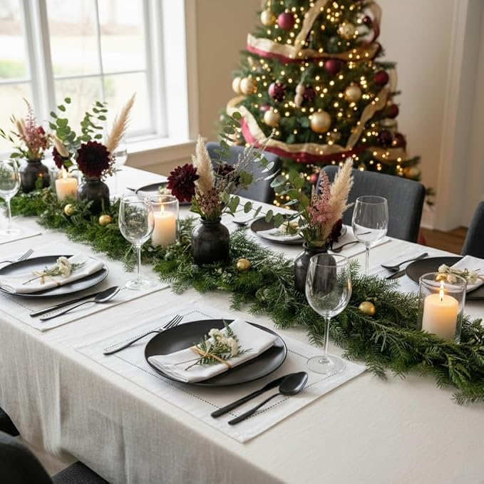 D'Moksha Homes White Linen Placemats Set of 6 - Classic Hemstitch Placemats 14 x 19 Inch - 100% Pure Linen Table Mats for Winter, Christmas, Holiday - Handcrafted and Machine Washable