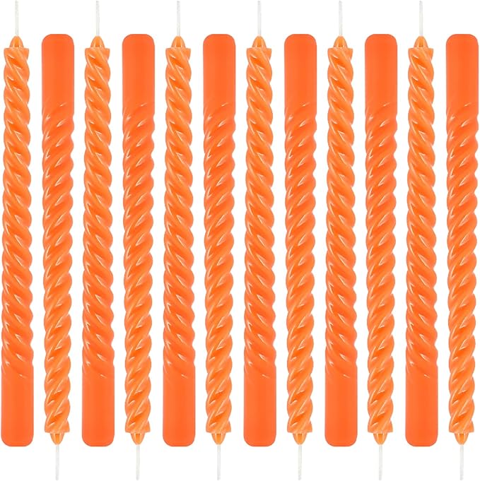 12Pack 10 Inch Orange Spiral Taper Candles，Unscented and Long Burning Dripless Twisted Candlesticks for Home Fall Decor,Halloween,Wedding, Birthday, Christmas