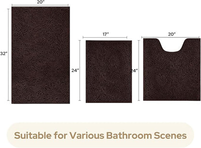 HOMEIDEAS 3 Pieces Bathroom Rugs, Ultra Soft Non Slip Absorbent Chenille Toilet Bath Mat Set (Brown)