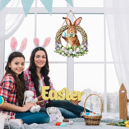 Kercan Easter Bunny Door Sign, Happy Easter Eggs Wooden Hanging Decorations Hanging Plaque Bunny Rabbit Sign Wall Hanger Floral Spring Decor for Front Door Porch Yard Wall Home Decorations