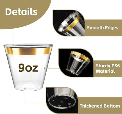 100Counts 9 OZ. Disposable Cups Old fashioned Party Tumblers, 9 Ounce Squat Cups Gold Rimmed Hard Plastic Party Wedding Cups with Gold Rim