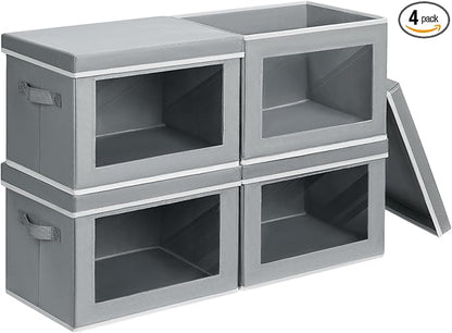 Storage Bins with Lids - Fabric Closet Storage Bins with Window, Collapsible Baskets for Shelves 4 Pack, Home Decorative Boxes for Clothes, Closet, Office, Grey