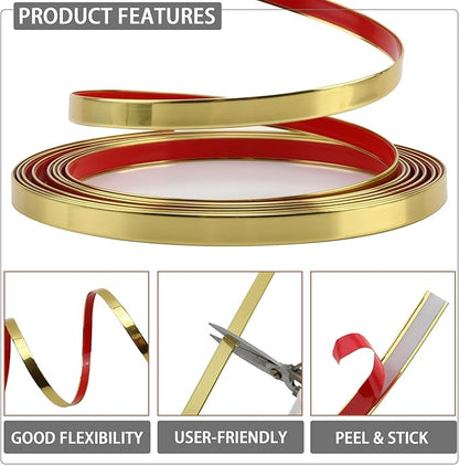 Glossy Gold Peel and Stick PVC Molding Trim, Flexible DIY Wall Accent Strip for Mirror Frame, Cabinet, Edges & Borders and Tiles (197''L x 0.4''W)