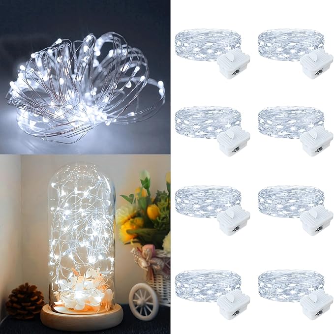 Fairy Lights,Silver Wire String Lights Waterproof,Battery Operated 7FT 20LED Firefly Starry Moon Lights for DIY Christmas Wedding Party Bedroom Decor (White, 8 Pack)