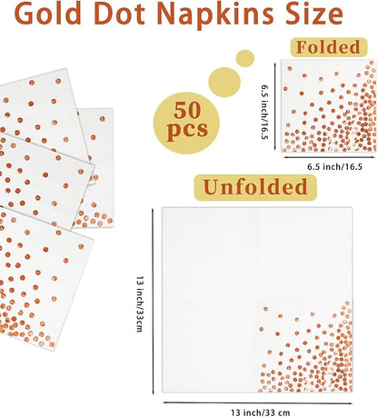 100 Pcs Unfold Size 13x13 Inch Disposable White Rose Gold Dot Paper Napkins