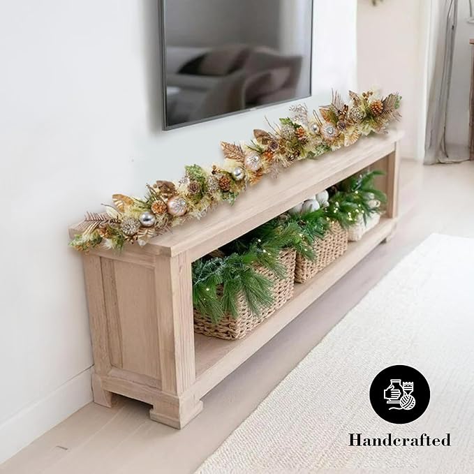 5 ft Christmas Garland for Mantle Unlit Garland for Stairs Railing, Banister, Staircase, Fireplace, for Table No Light, Garland Decor Frosted Red Poinsettia Holiday Tree (Sage Green Gold)