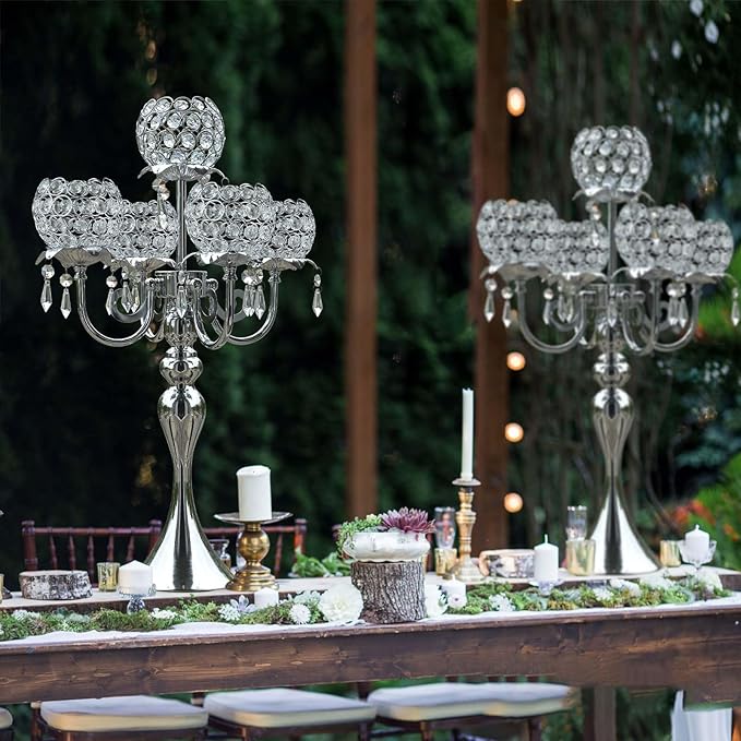 Set of 4 Candlesticks 5 Arm Crystal Strap Pendant Silver Table Decor Candelabra, 22.5 inches Elegant Dining Room Centerpieces for Holiday Parties Weddings (4, Silver)