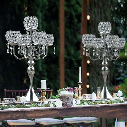 Set of 4 Candlesticks 5 Arm Crystal Strap Pendant Silver Table Decor Candelabra, 22.5 inches Elegant Dining Room Centerpieces for Holiday Parties Weddings (4, Silver)
