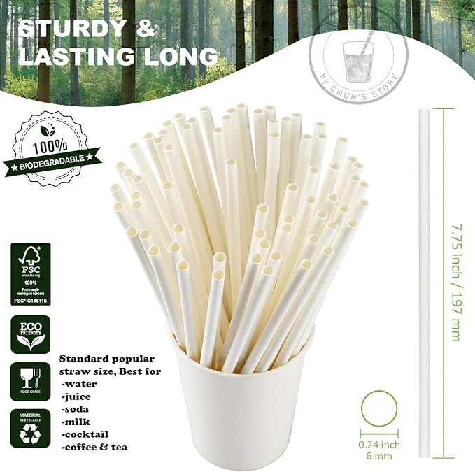 [1000 Counts] White Paper Straws Wrapped Individually for Drinking - 7.75" x0.24" - Restaurant Pack
