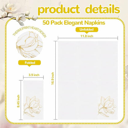 50 Pack Gold Magnolia Napkins - Gold Floral Disposable Napkins - Cloth-Like Feel Dinner Paper - Vintage Heavy Duty Hand Towels for Bathroom Wedding Holiday Party Bridal Decorative Towels