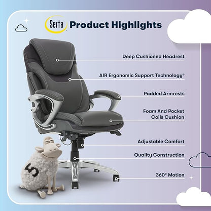 Serta Bryce Executive Office Chair - Ergonomic Computer Desk Chair with Patented AIR Lumbar Technology - Adjustable Height - Memory Foam Body Pillows - 360° Swivel Rolling Base - Bonded Leather - Gray