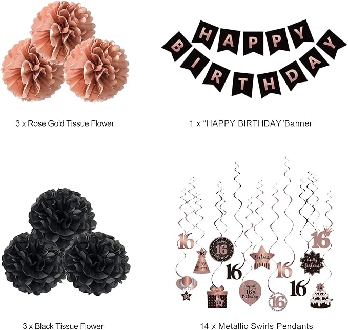 BRT Bearingshui Happy 16th Birthday Hanging Swirls Streamers Decoration, Happy Birthday Banner with Tissue Pompoms, Rose Gold and Black 16 Years Old Birthday Party Hanging Backdrop Decorations