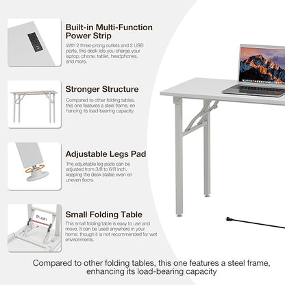 TEMI Long Computer Desk Folding Table - No Assembly, Compact 55.1" Foldable Desk with Power Outlets & USB Charging Port, Portable Lagre Office Desk, Ideal Large Study Table for Narrow Spaces,White Ash