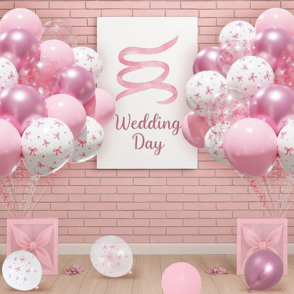 Patimate Pink Bow Balloons Set, 50 pcs 12 inch Metallic Pastel Pink White Transparent Bow Print Balloons Kit for Coquette Birthday Baby Shower for Girls Women Wedding Bridal Shower Party Decorations