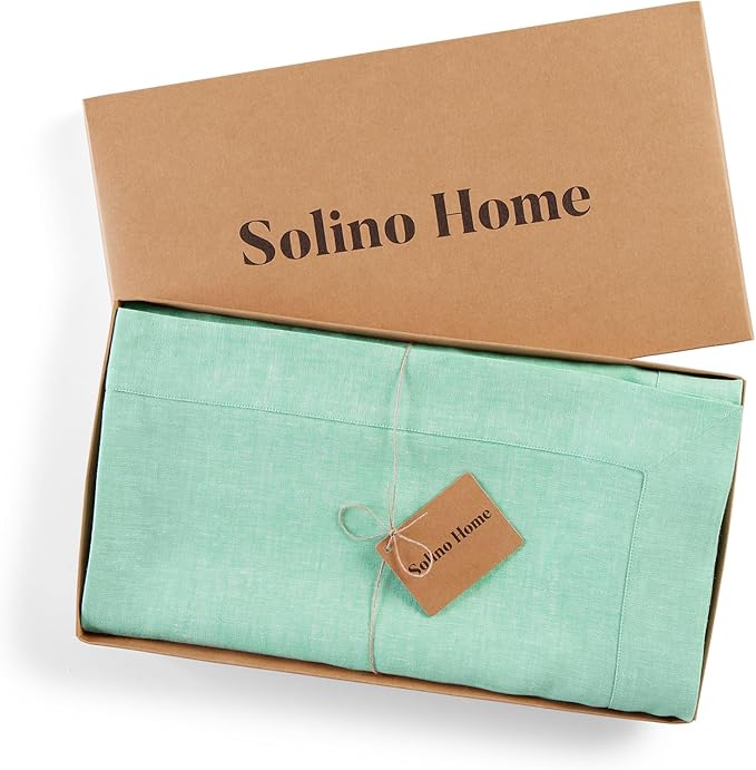 Solino Home Linen Tablecloth 60 x 120 Inch - 100% Pure Linen Chambray Aqua Table Cloth for Rectangle Tables - Athena, Machine Washable Tablecloth