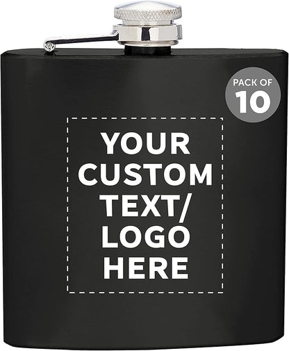 Custom Murano Stainless Steel Hip Flasks 6 oz. Set of 10, Personalized Bulk Pack - Screw on Cap, Great for Wedding Party Gifts, Groomsmen Gifts, Outdoor Activities - Black