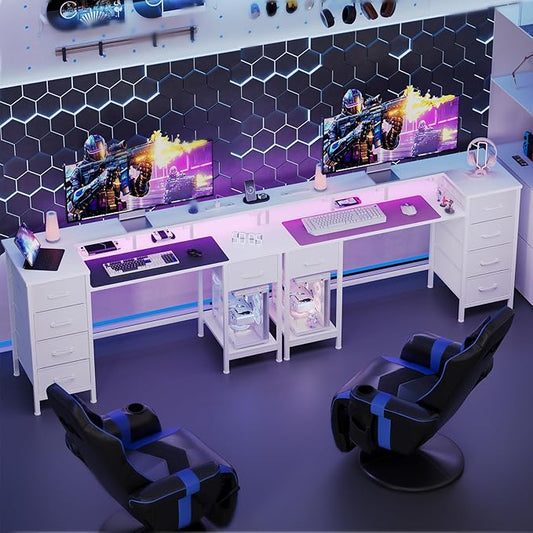 55 Inch Gaming Desk with Power Outlets and LED Lights, Reversible Computer Desk with 5 Fabric Storage Drawers, Home Office Desk with Monitor Stand for Working Writing Study, White
