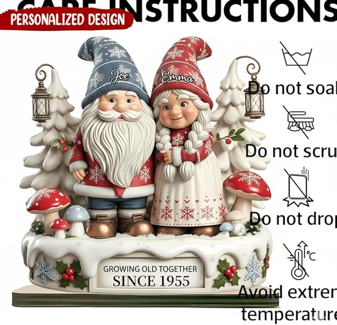 Personalized Gnome Couple Figurine, Growing Old Together Since 1955, Custom Christmas Decoration, Unique Holiday for Couple, Custom Engraved Family Ornament, for Parents and Grandparents