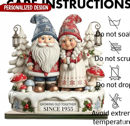 Personalized Gnome Couple Figurine, Growing Old Together Since 1955, Custom Christmas Decoration, Unique Holiday for Couple, Custom Engraved Family Ornament, for Parents and Grandparents